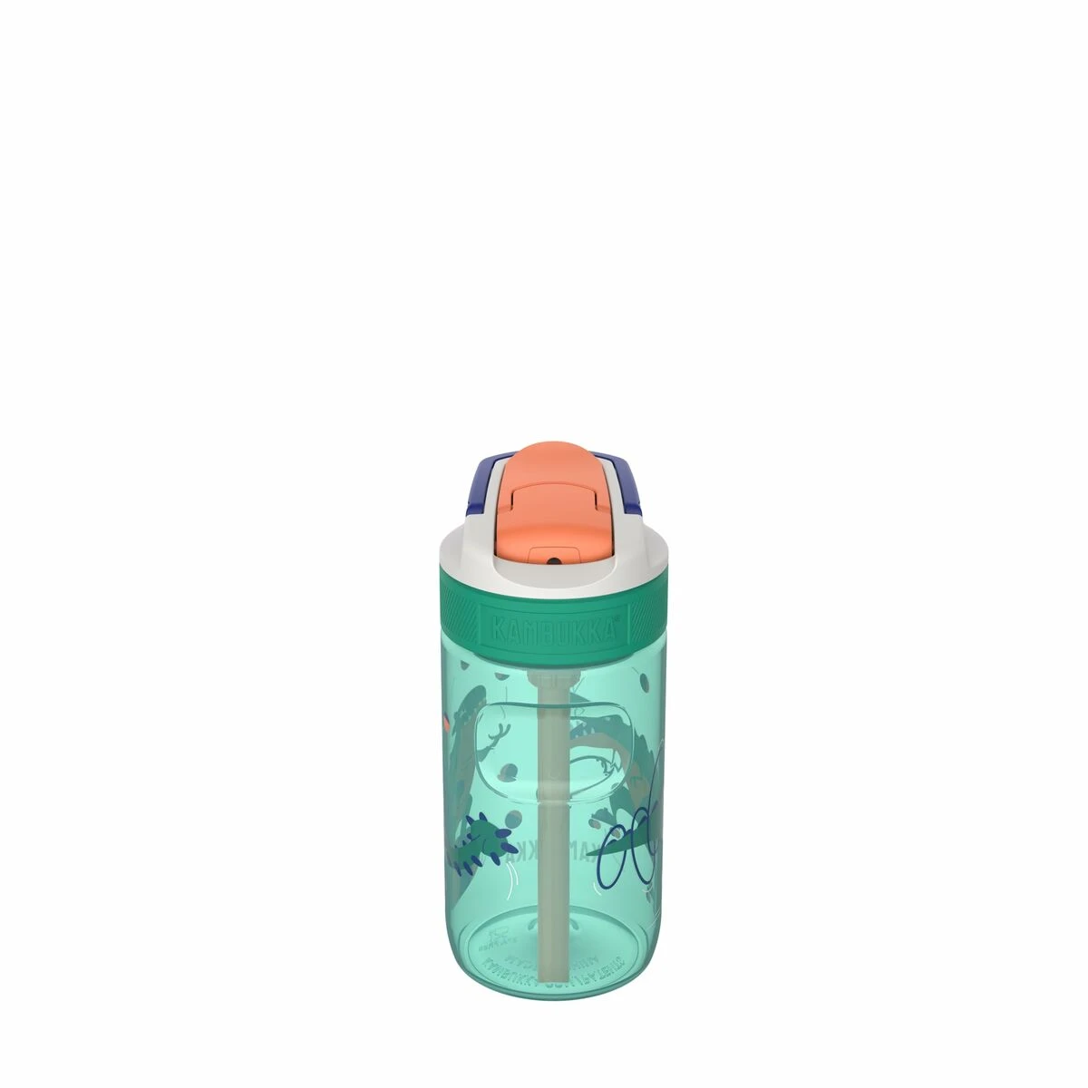 Green kids' water bottle with sea life patterns, orange lid.