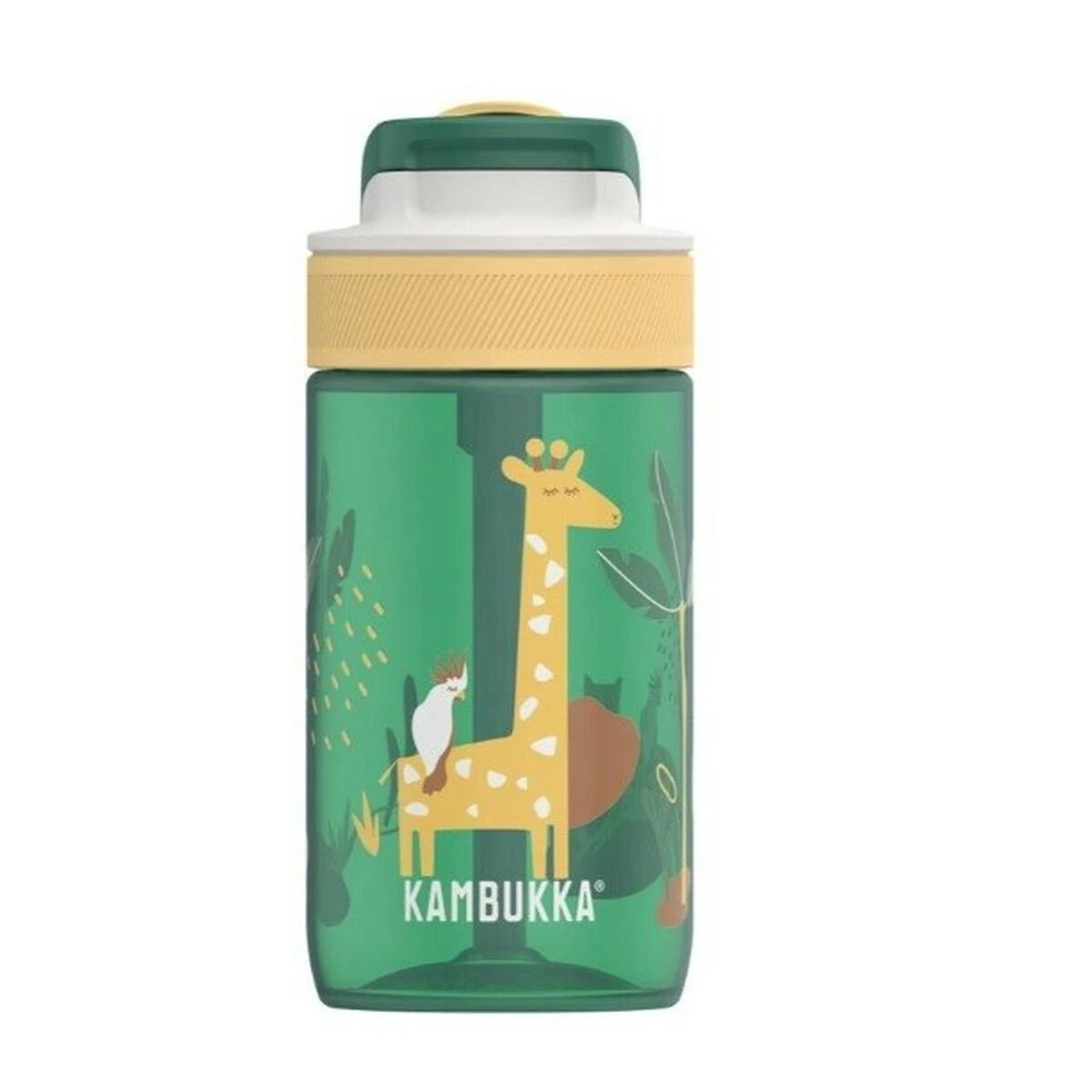 Green bottle with giraffe and bird