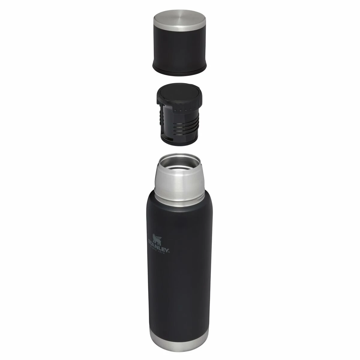 Black insulated bottle disassembled into three parts