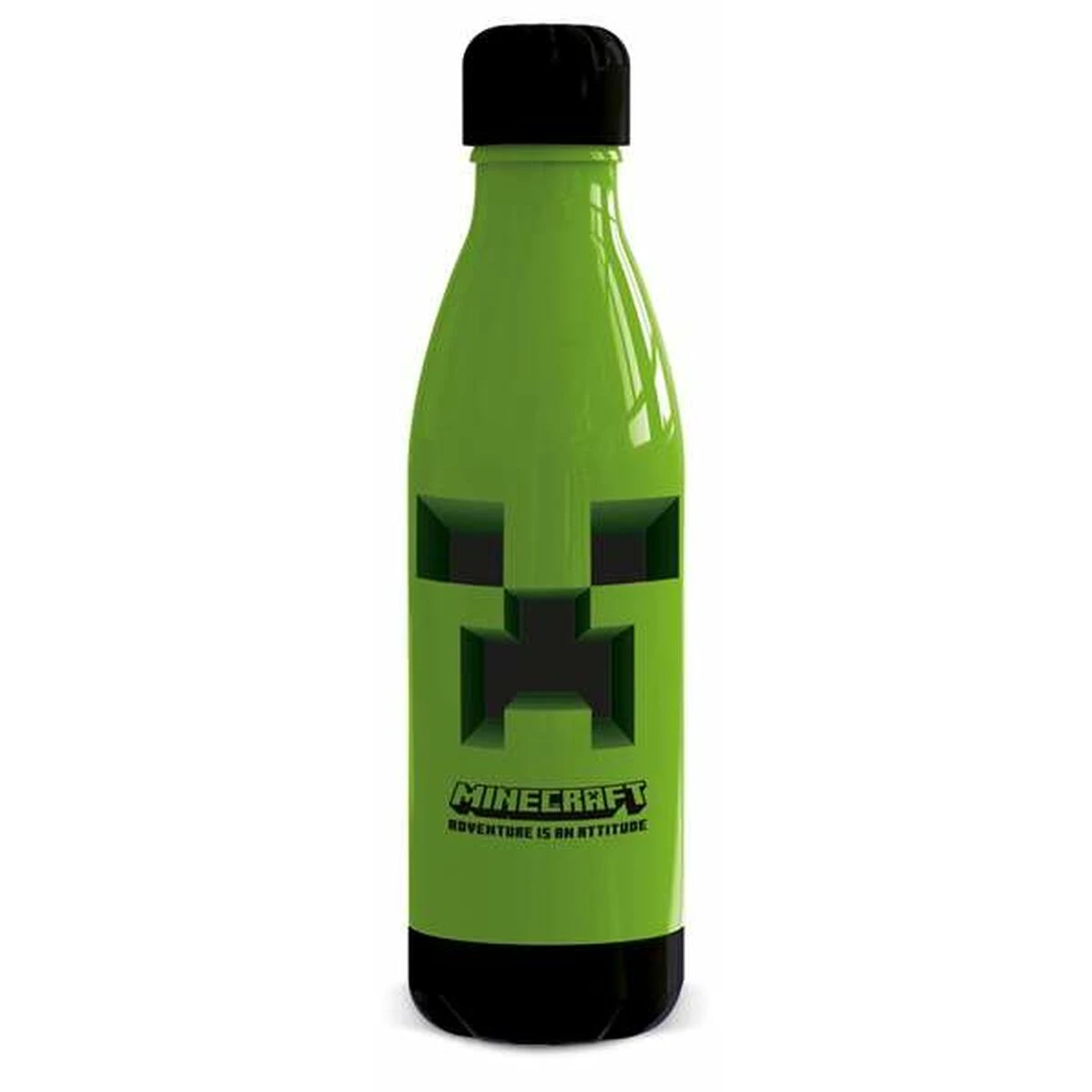 Minecraft logo on bottle.