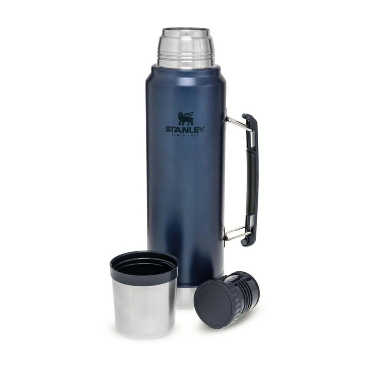 Blue Stanley thermos with cup and lid
