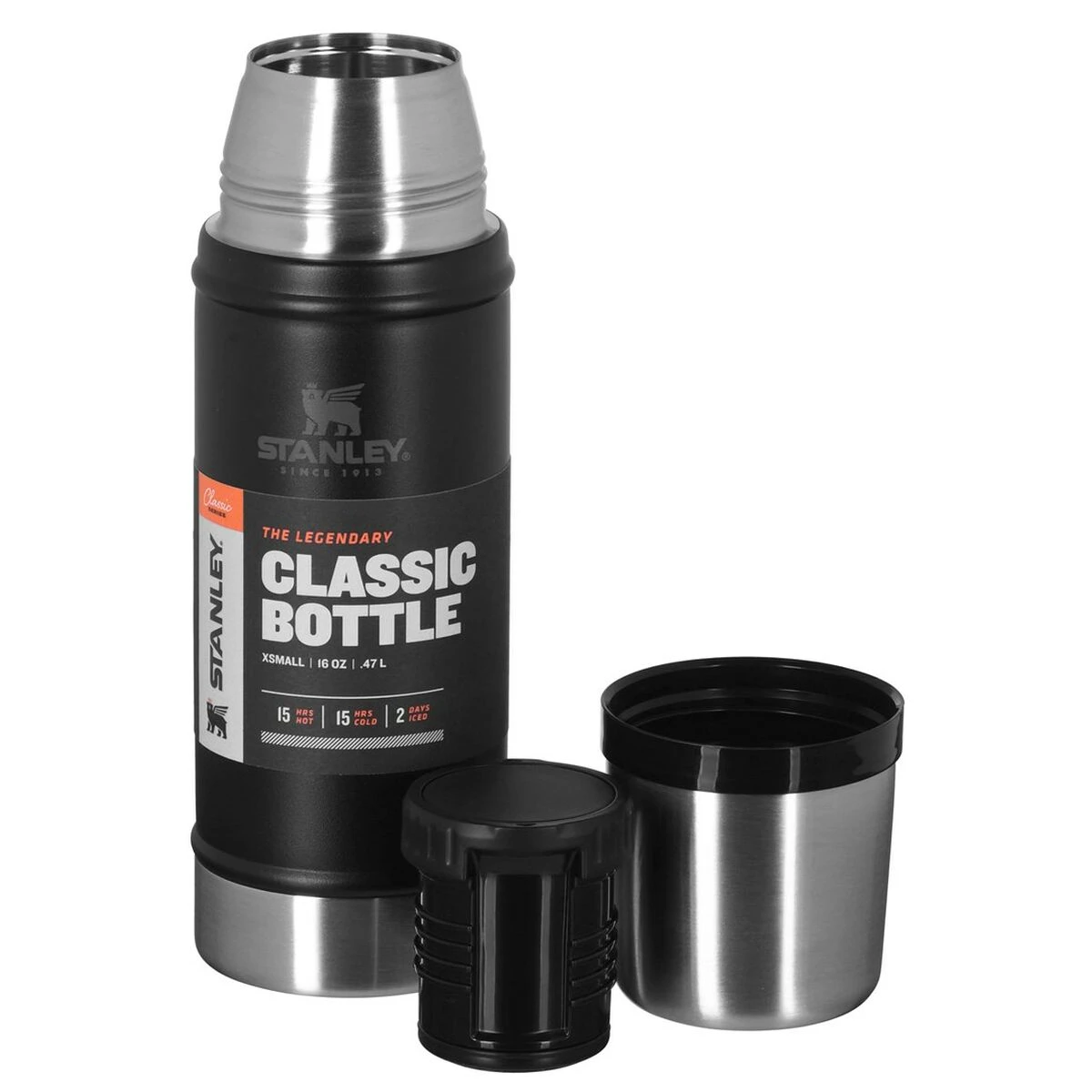 Black Stanley thermos with cup and lid