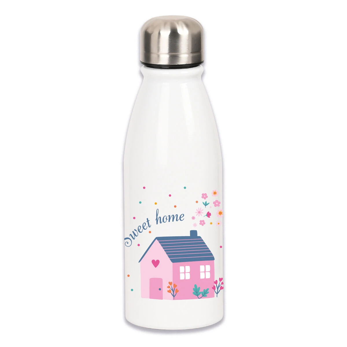 White bottle with house pattern and flowers, 'sweet home' text