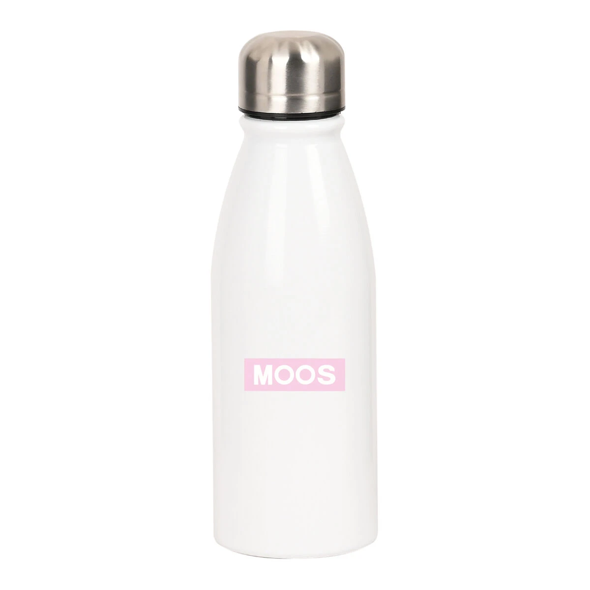White insulated bottle with MOOS branding.