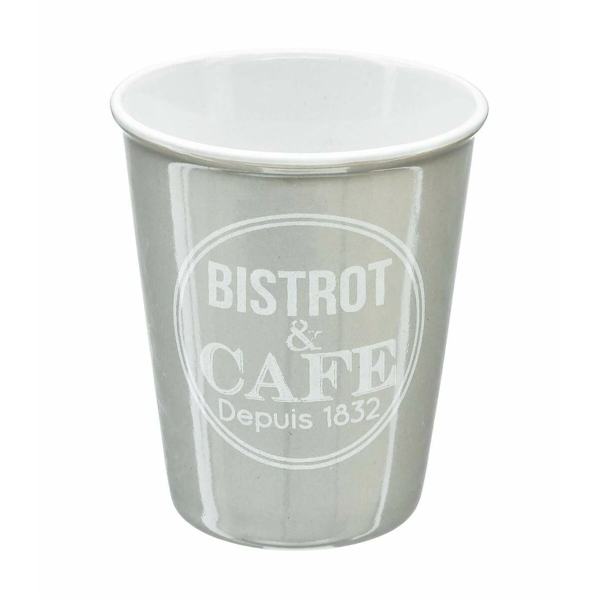 Metal cup with 'BISTROT & CAFÉ Since 1832' text