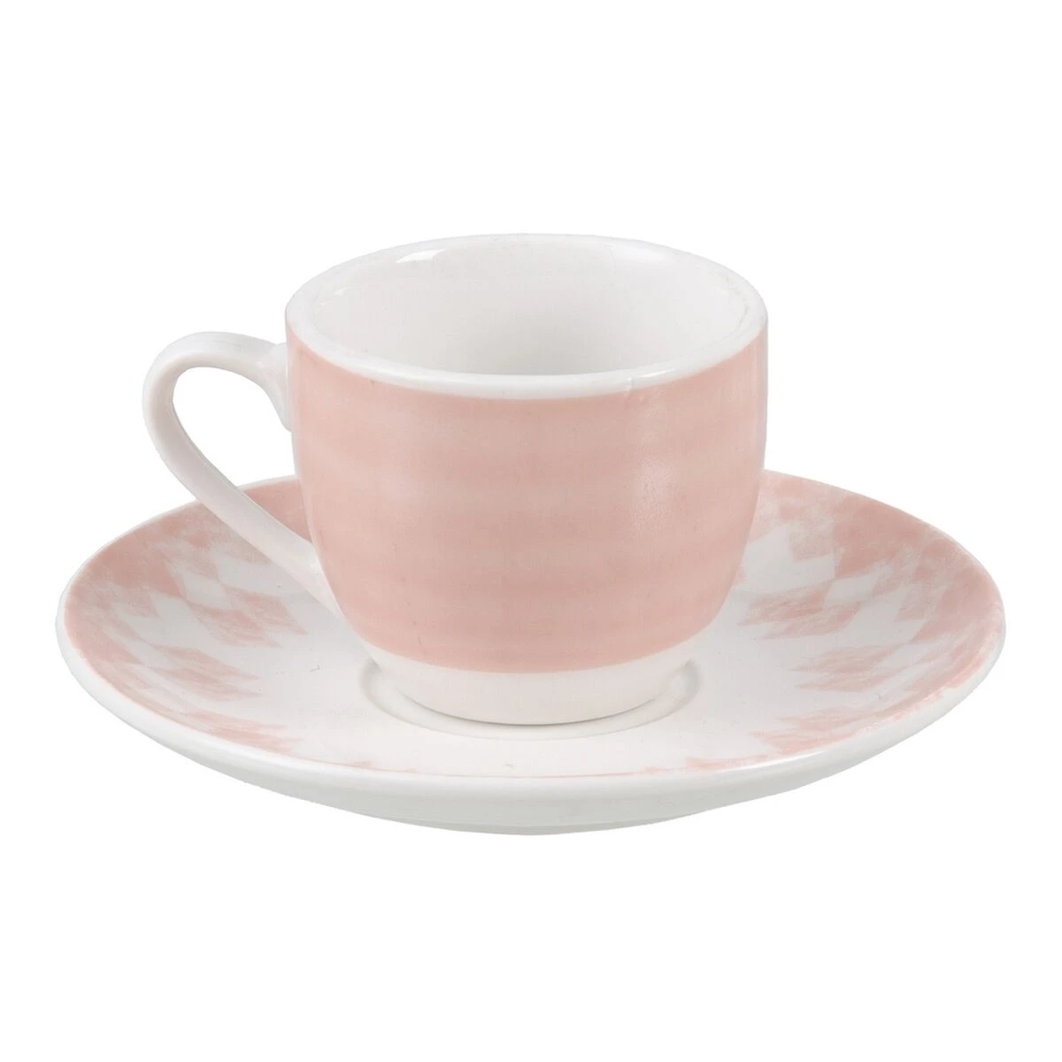 A pink cup with saucer on a white background.
