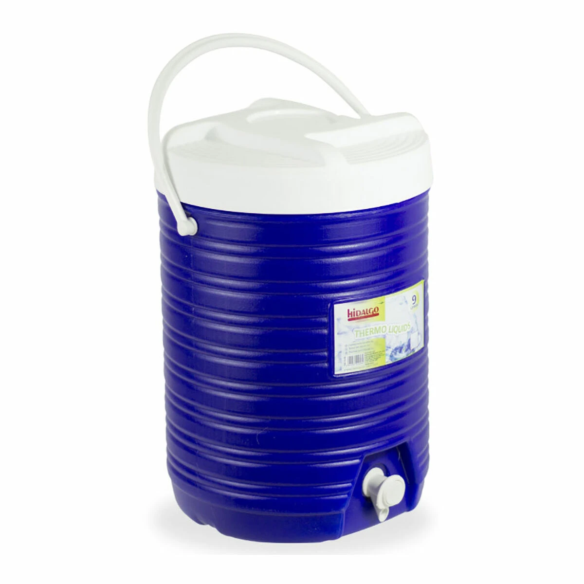Blue cooler with tap and white handle