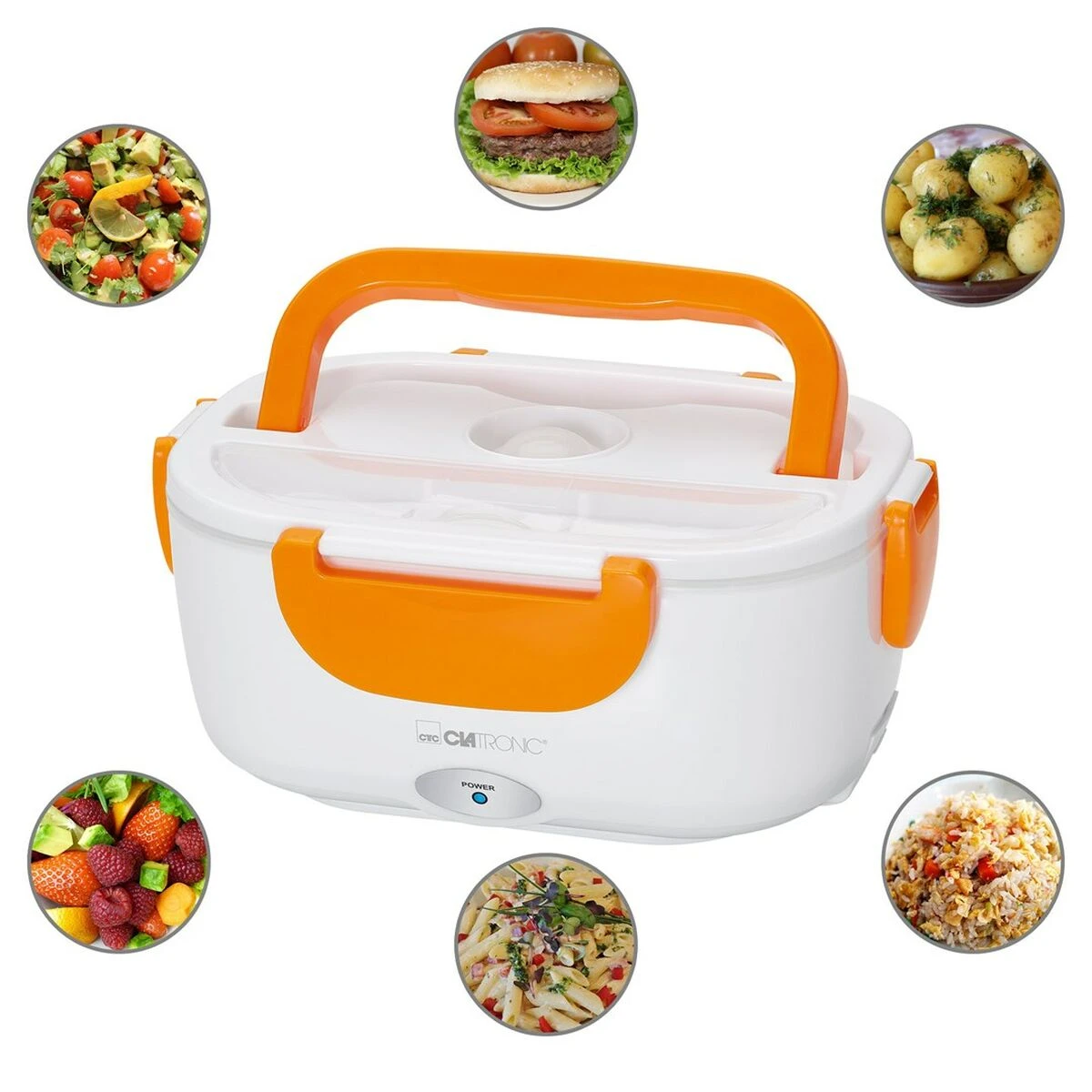 White and orange electric lunchbox with food images.