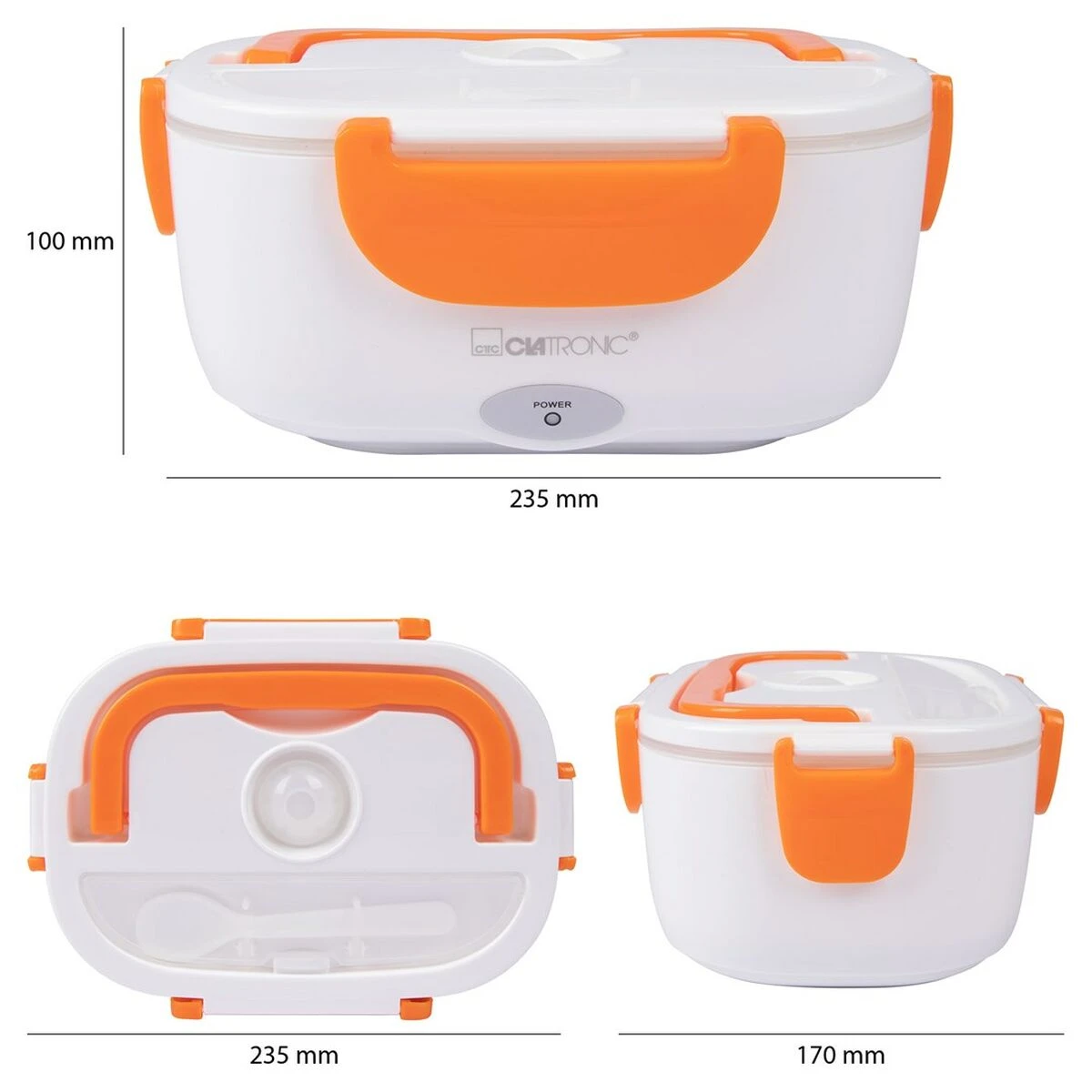 White and orange food container with dimensions.