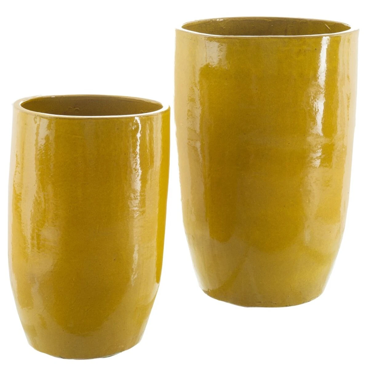 Two glossy yellow vases on white background.