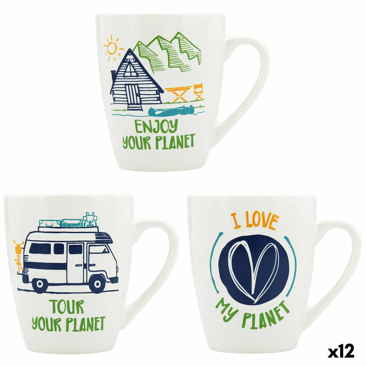 Eco-themed mugs, 'Enjoy Your Planet', 'Tour Your Planet', 'I Love My Planet'