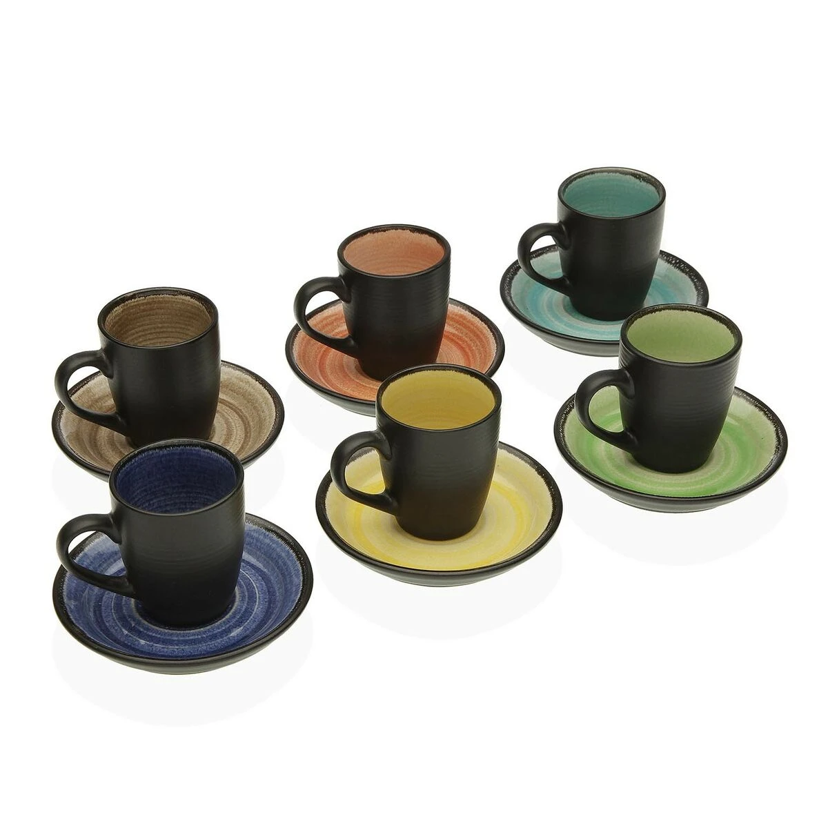Set of 6 colorful cups and saucers