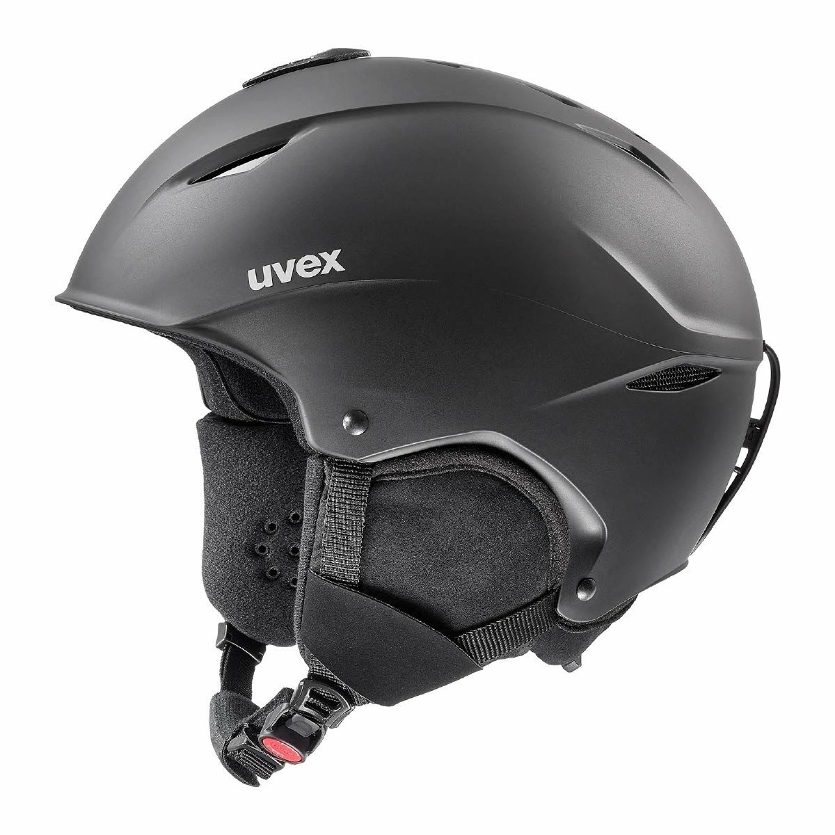 Matte black ski helmet, uvex brand.