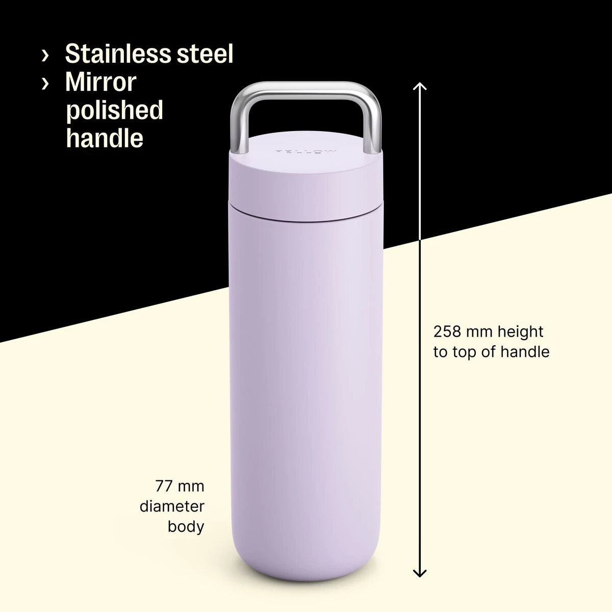 Stainless bottle, polished handle, 258 mm tall, 77 mm diameter