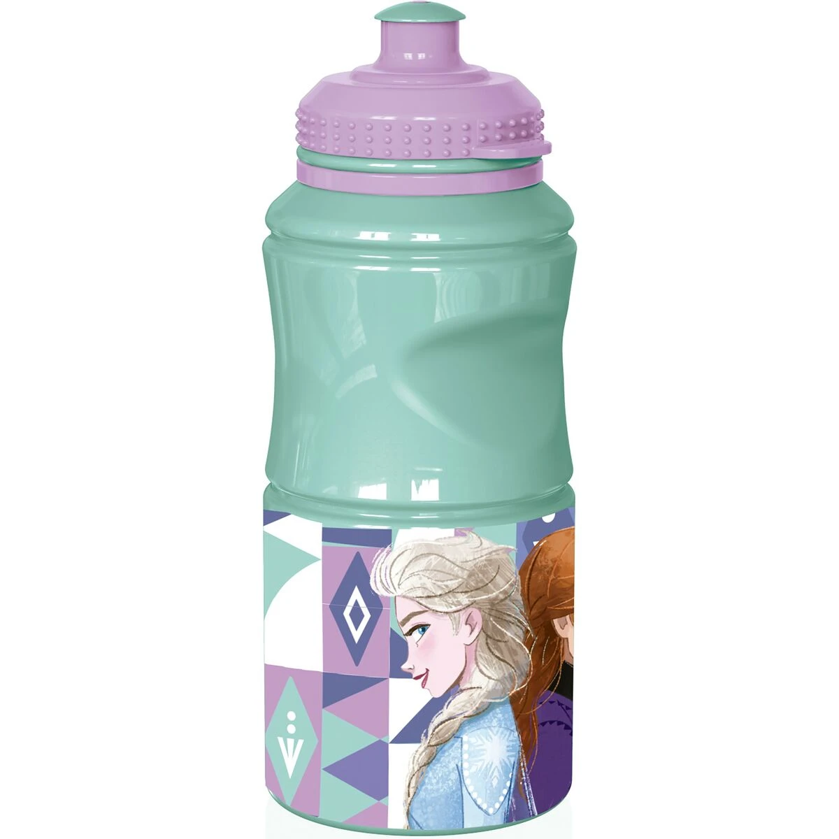 Green and pink bottle with animated characters