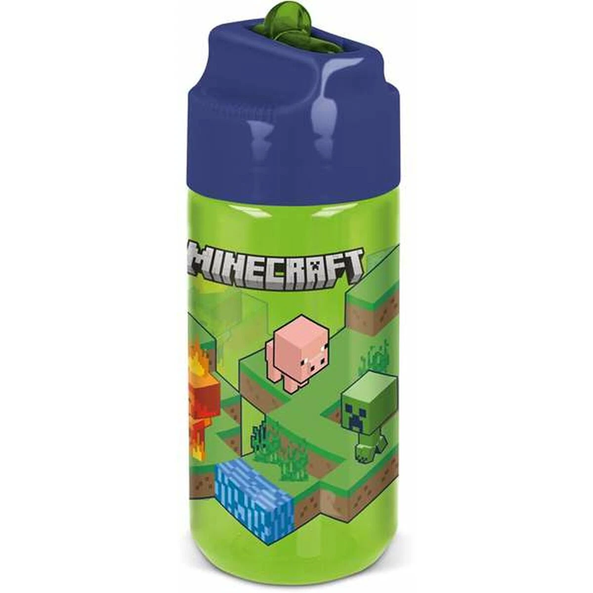 Green Minecraft water bottle with pig and blocks.