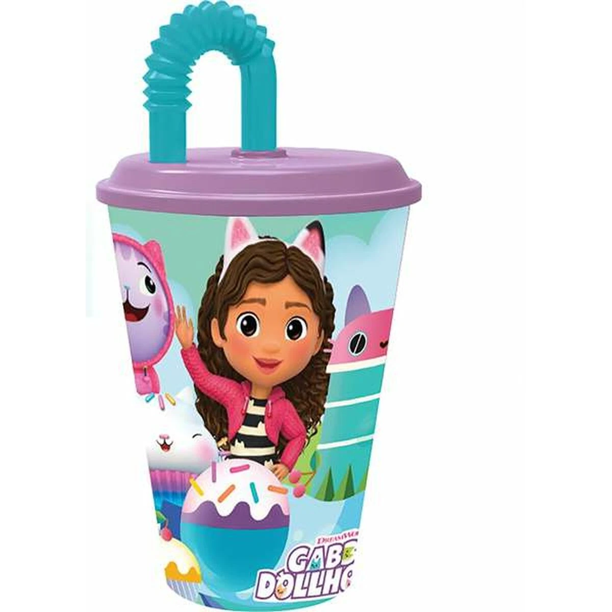 Cup with straw, cartoon design, smiling character.
