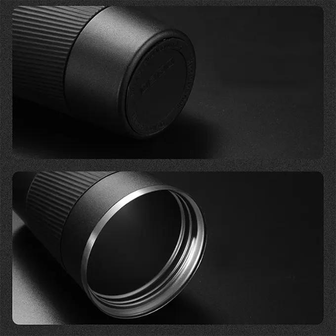 Seen from below and above a black thermos