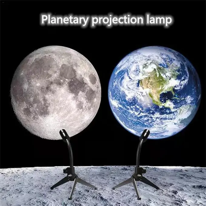 Projector die de maan en de aarde laat zien tegen een muur