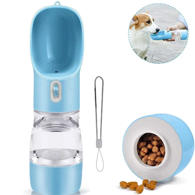 Blue pet kibble and water dispenser on white background