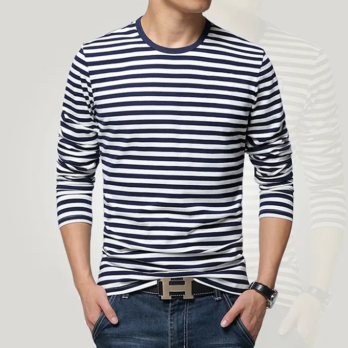 Man wearing navy blue striped t-shirt with long sleeve and round neck